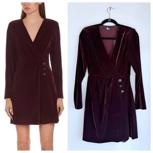 NEW The Kooples Long Sleeve Velvet Button Wrap Style Mini Dress in Burgundy Sz S